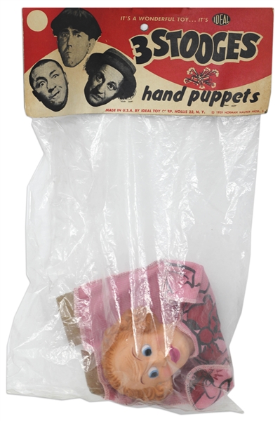Three Stooges Hand Puppet From 1959 of Larry Fine in Original Ideal Packaging -- Plastic Bag Torn on Side, Puppet Is Near Fine